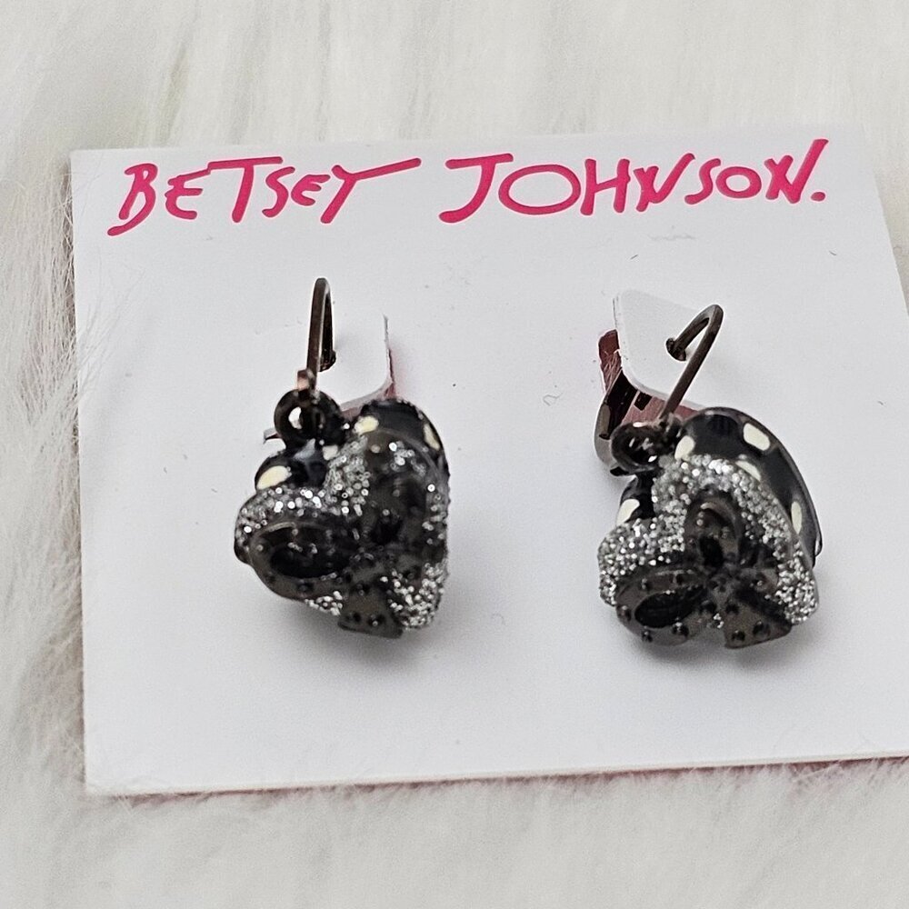 Betsey Johnson New Heart Bow Y2K Enamel Polka Dot Dangle Rhinestone Earrings